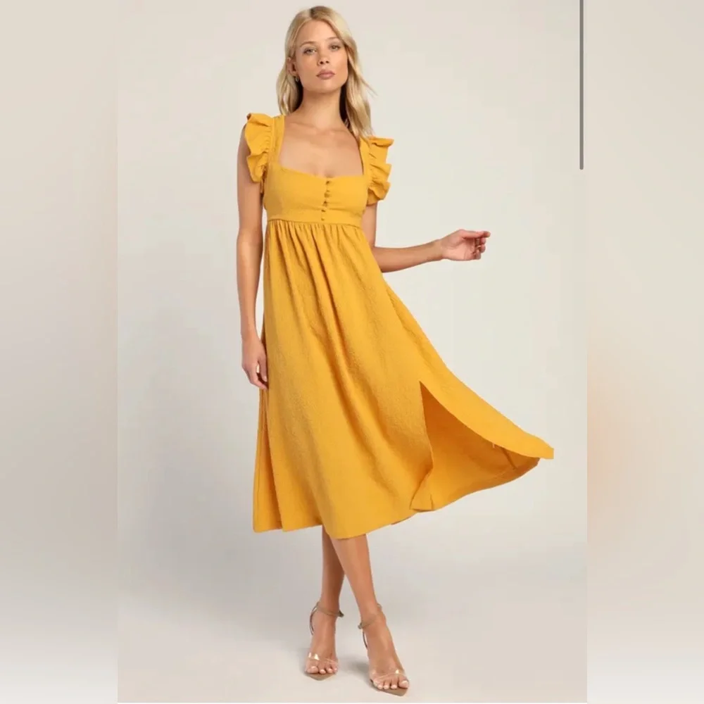 Springtime Splendor Marigold Ruffle Backless Midi Dress - Picture 4 of 5